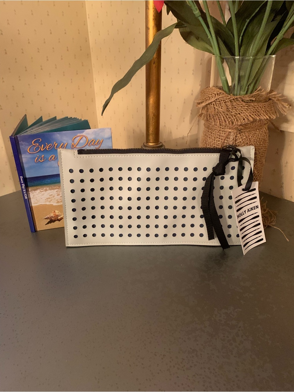 Holly Aiken NEW WITH TAGS, LIGHT GRAY, vinyl clutch or zippered pouch. HAND CUT.